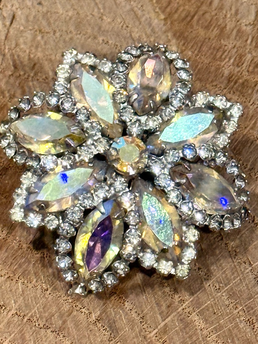 Vintage Weiss Signed Crystal Rhinestone Aurora Floral Brooch - Iridescent Tones
